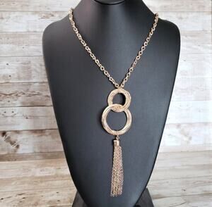 Vintage Necklace - Very Long Warm Gold Tone Double Circle Statement Necklace